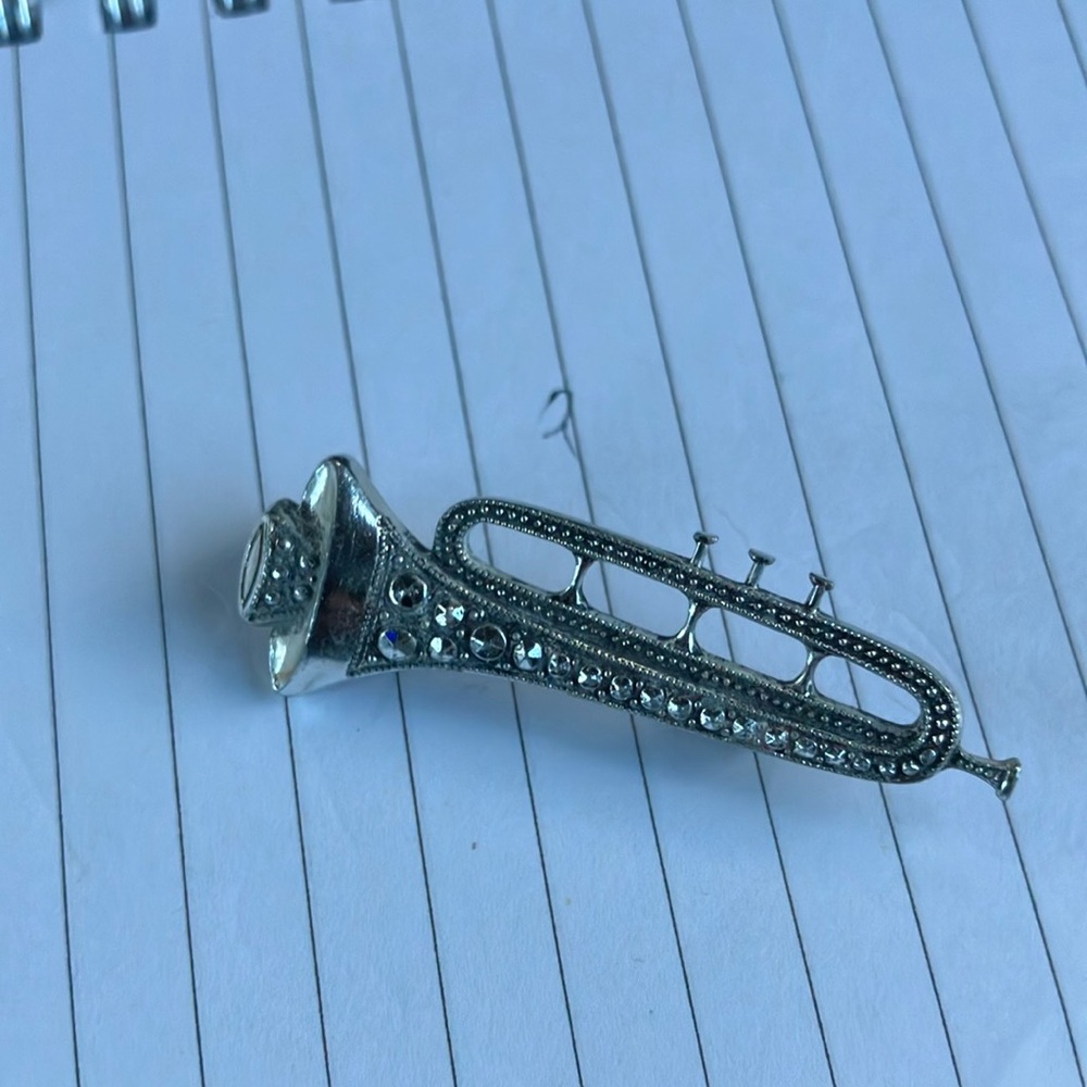 Silver Trumpet Brooch with Rhinestones